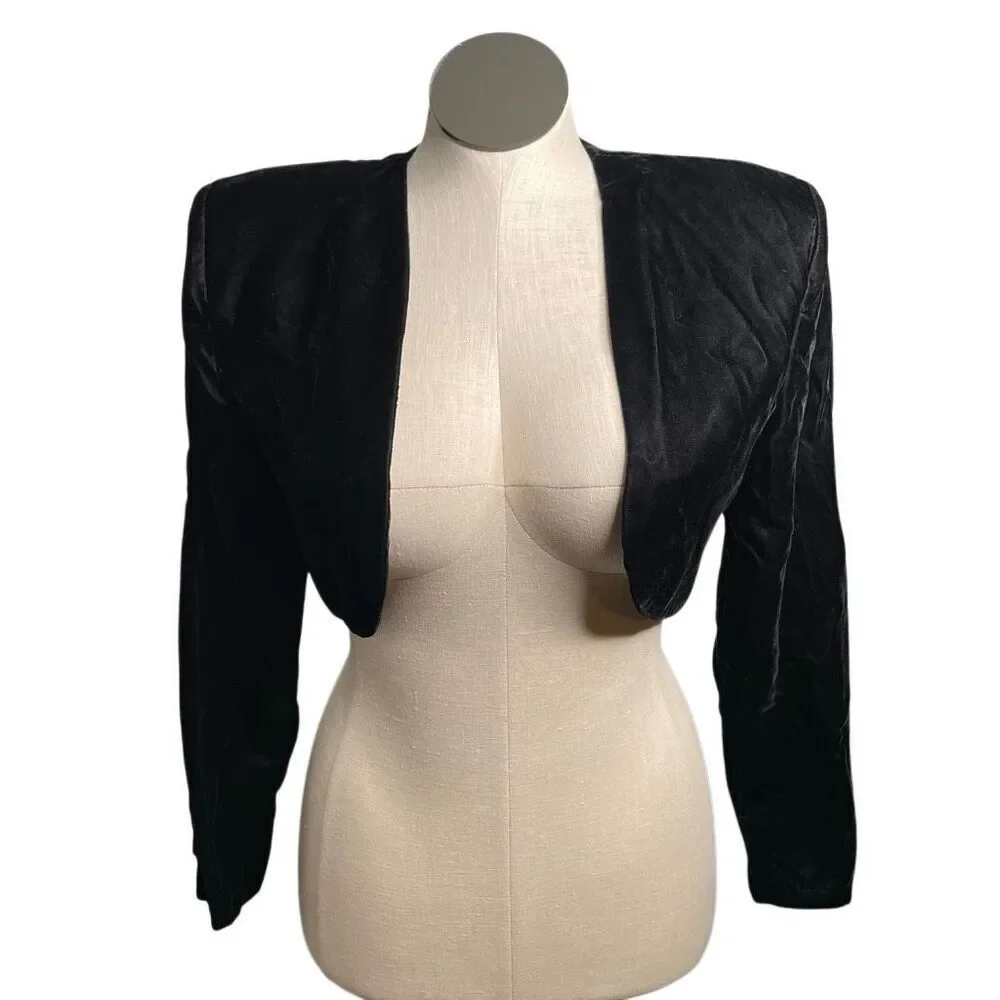 Vtg HW Collections Womens Velvet Bolero M Black Open Front Holiday Black Tie